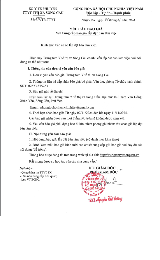 Thư mời báo giá bàn làm việc